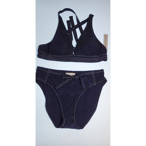 Robin Piccone Bikini Womens Swim Top V-Neck Bottom High Rise Sz Medium Navy Blue - Picture 1 of 8
